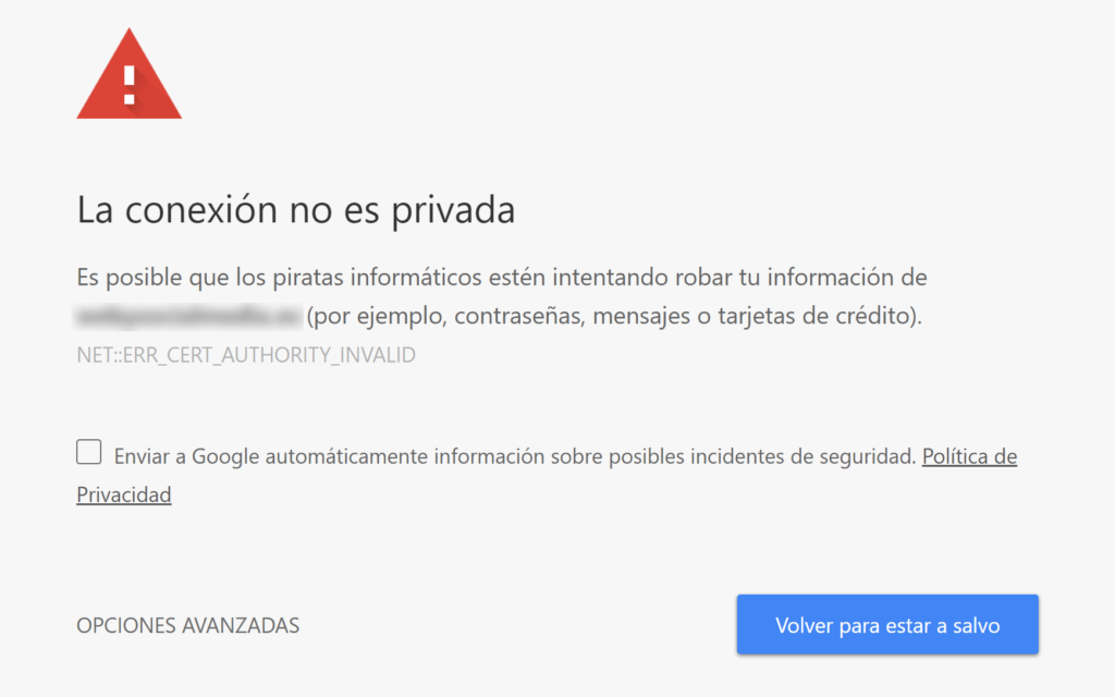 Ejemplo de aviso de página web no segura