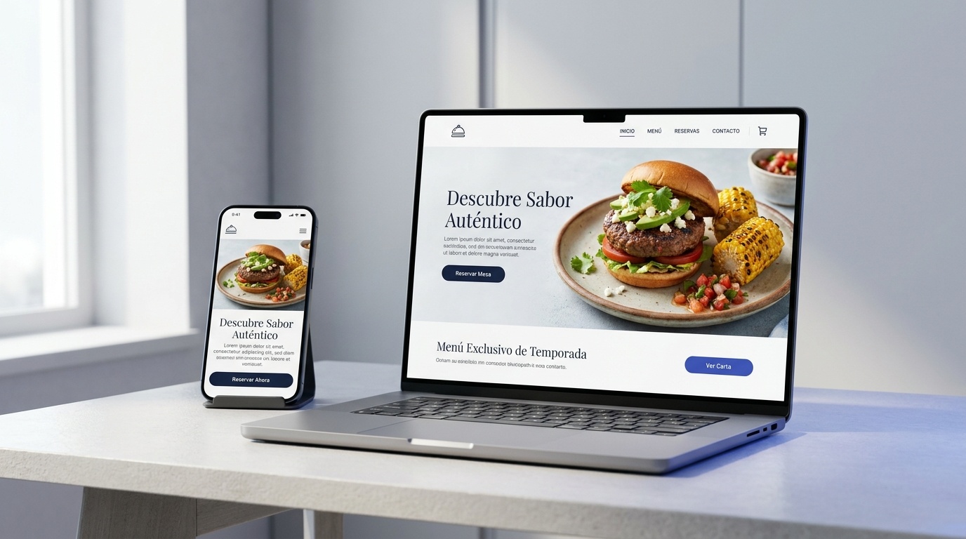Diseño web profesional mostrado en computadora y teléfono móvil